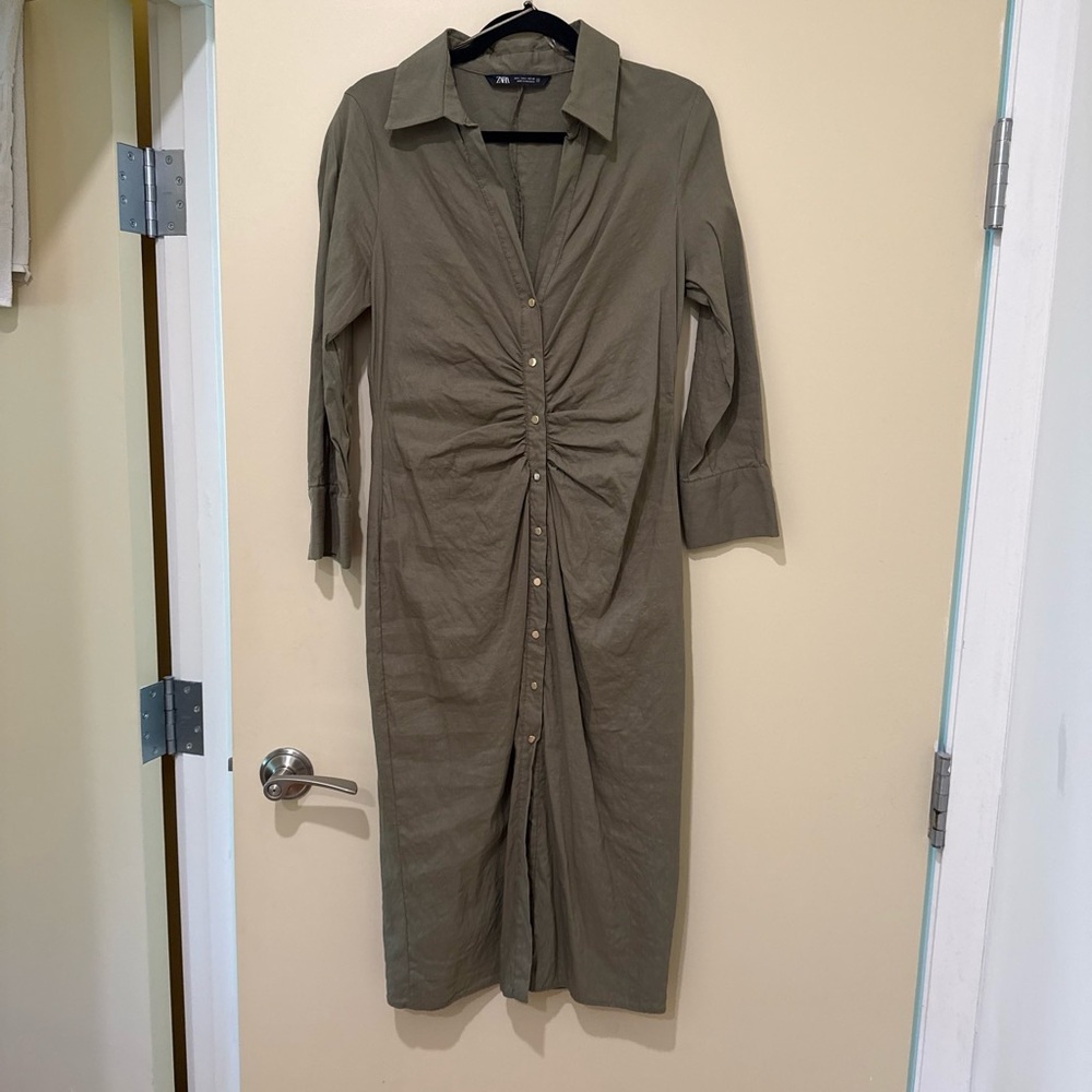 Zara Olive Button-Front Ruched Midi Dress